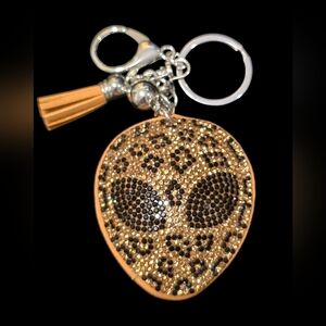 Sparkly Rhinestone Alien Head Bag Charm / Keychain with Tassel